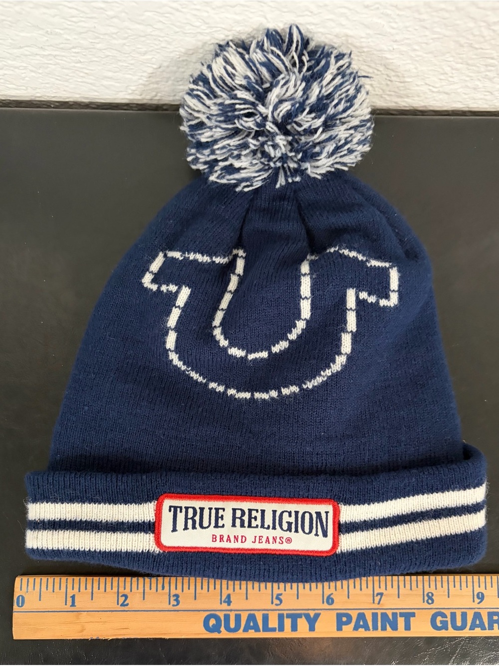 True Religion Navy & White Pom Knit Beanie